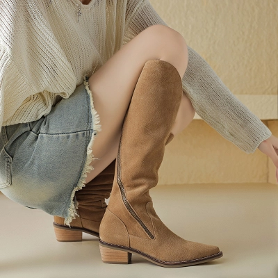 Suede Side‑Zip Western‑Style Knee‑High Boots 01