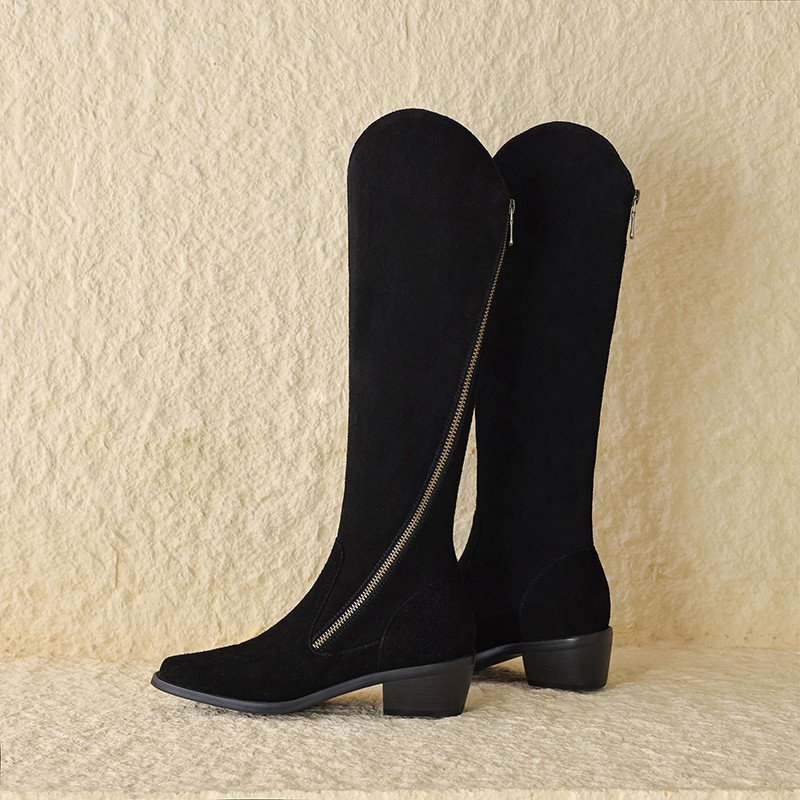 Suede Side‑Zip Western‑Style Knee‑High Boots