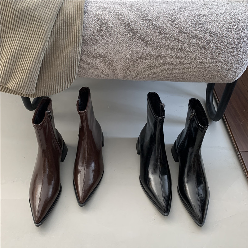 Pointed Toe Side Zip Low Block Heel Ankle Boots