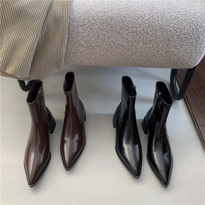 Pointed Toe Side Zip Low Block Heel Ankle Boots 01