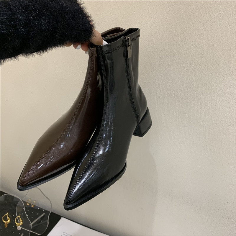 Pointed Toe Side Zip Low Block Heel Ankle Boots