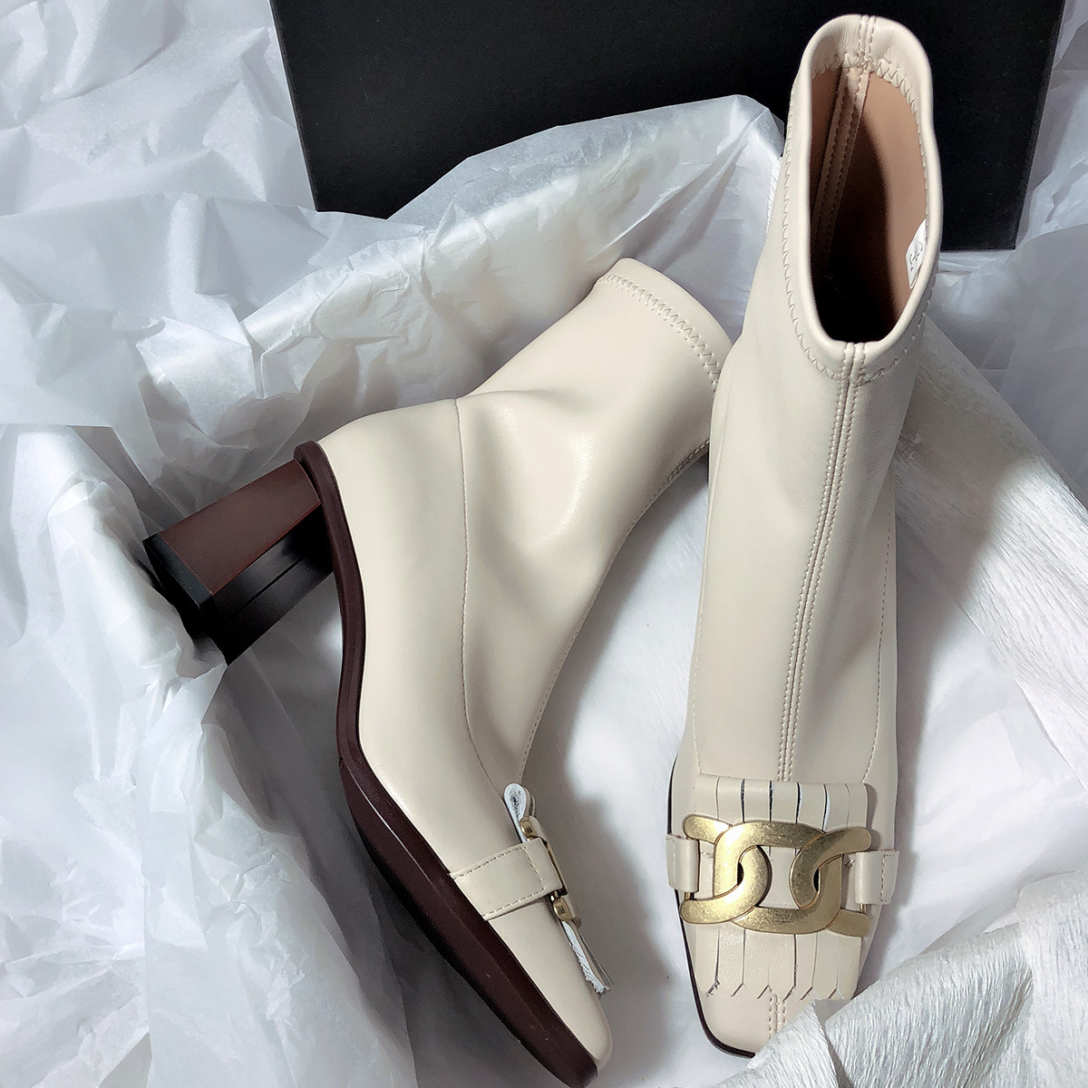 Square Toe Metal Buckle Block Heel Ankle Boots