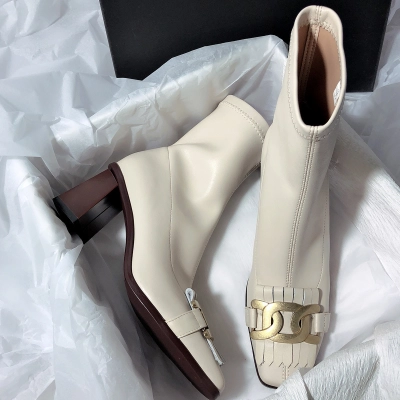 Square Toe Metal Buckle Block Heel Ankle Boots 01