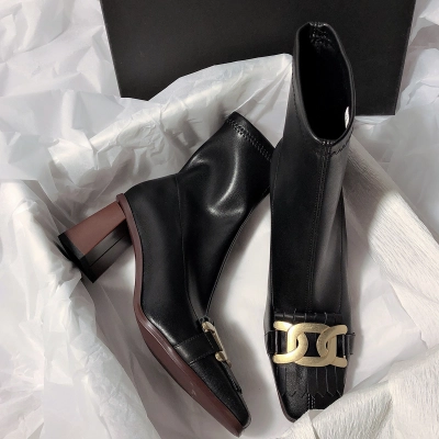 Square Toe Metal Buckle Block Heel Ankle Boots 02