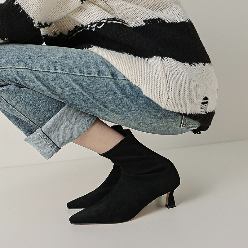 Vintage Suede Pointed‑Toe Stretchy Heel Ankle Boots