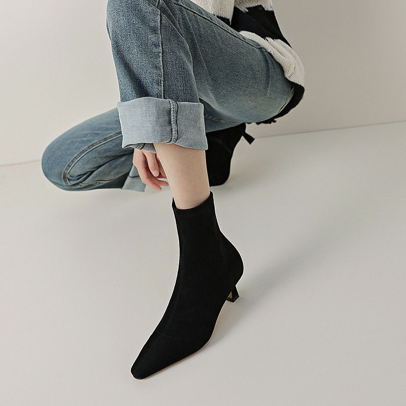 Vintage Suede Pointed‑Toe Stretchy Heel Ankle Boots
