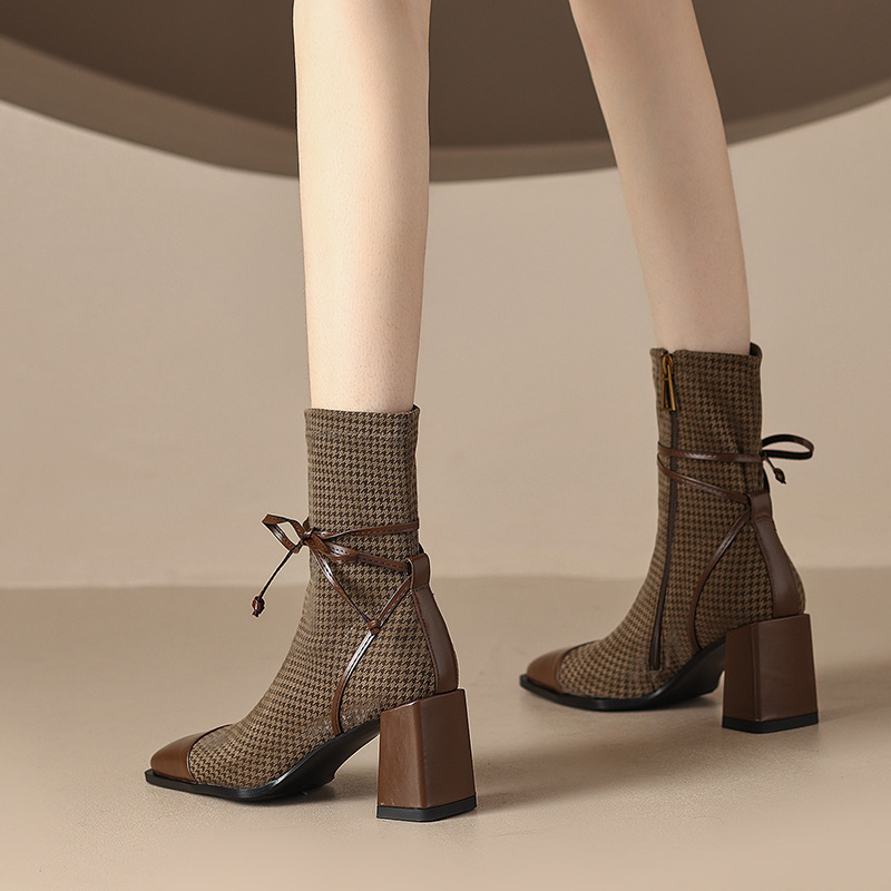 Houndstooth Patchwork Bow Block‑Heel Ankle Boots