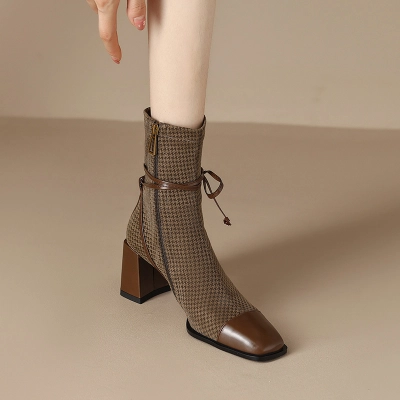 Houndstooth Patchwork Bow Block‑Heel Ankle Boots 02