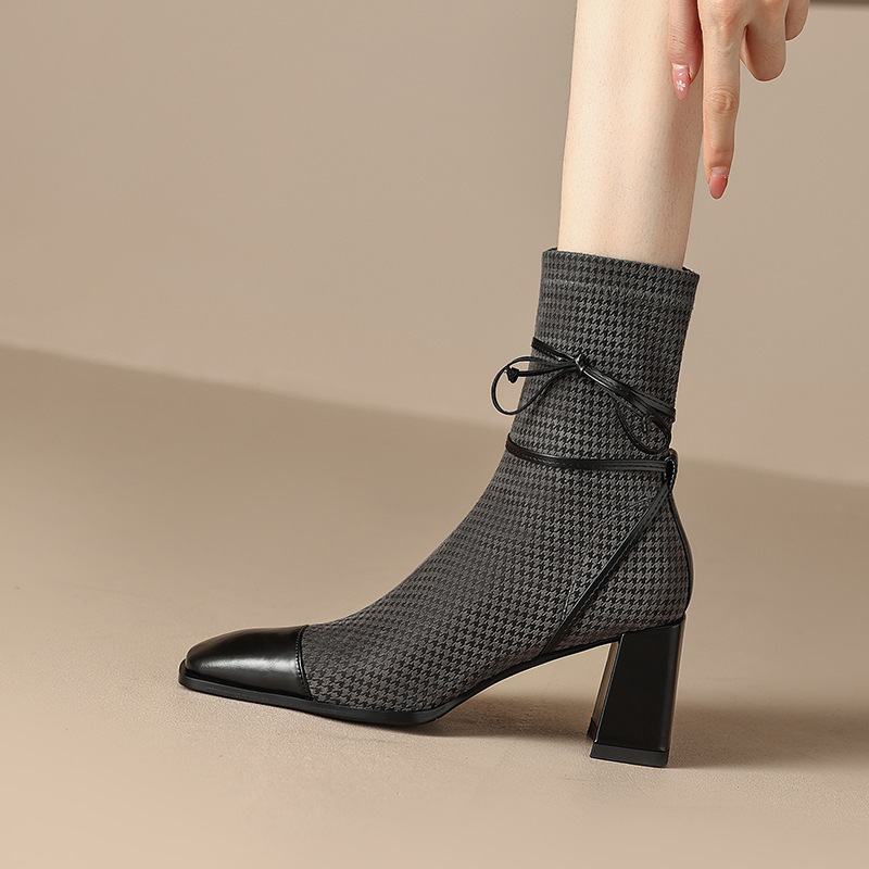 Houndstooth Patchwork Bow Block‑Heel Ankle Boots