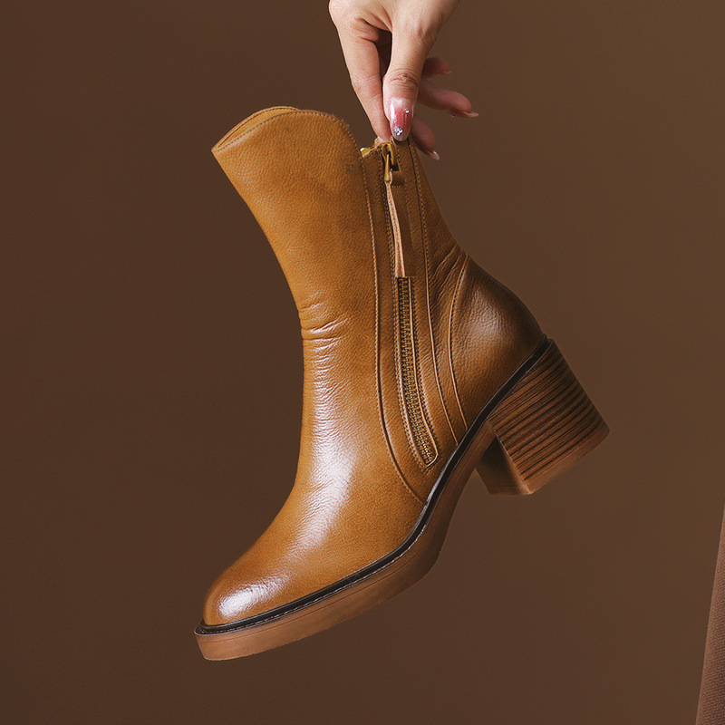 Vintage Round‑Toe Wood Block‑Heel Zip Ankle Boots
