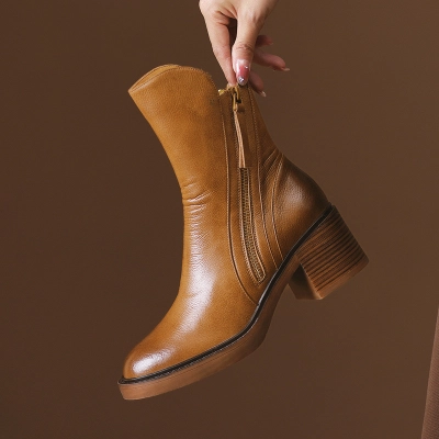 Vintage Round‑Toe Wood Block‑Heel Zip Ankle Boots 02