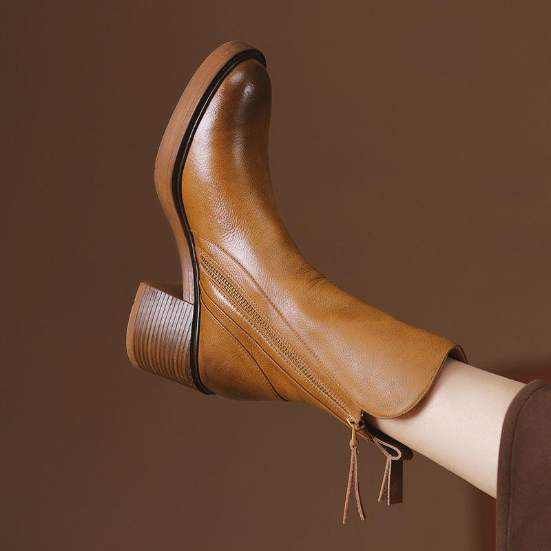 Vintage Round‑Toe Wood Block‑Heel Zip Ankle Boots
