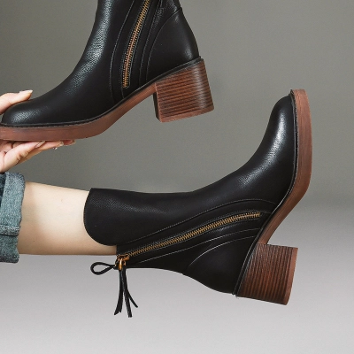 Vintage Round‑Toe Wood Block‑Heel Zip Ankle Boots 01
