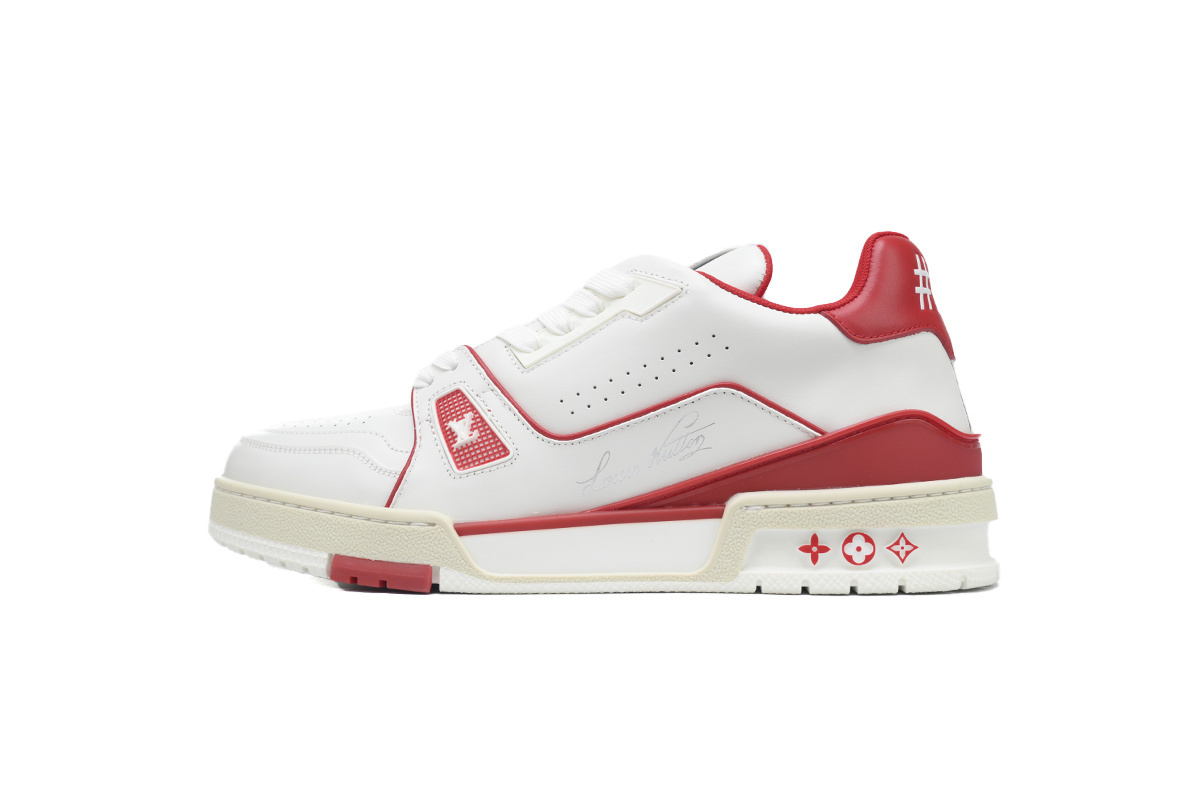 54 LV Louis Vuitton Trainer White Red