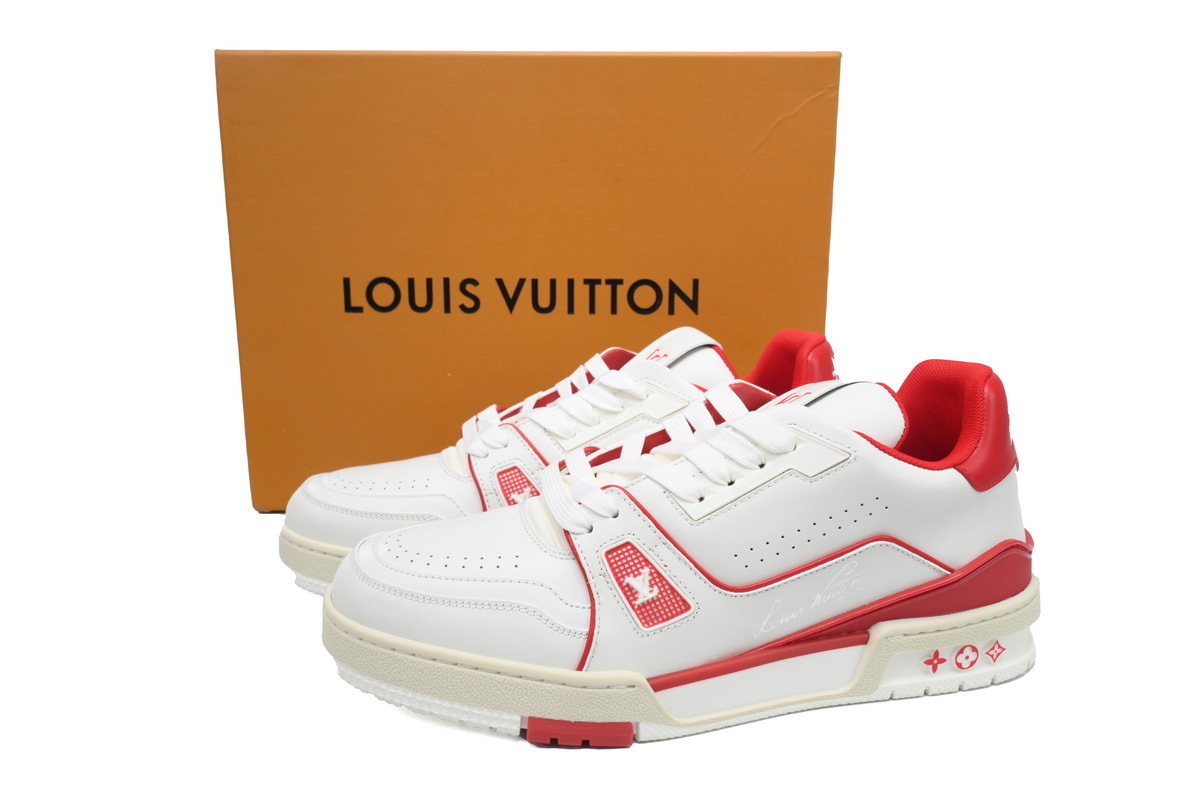 54 LV Louis Vuitton Trainer White Red