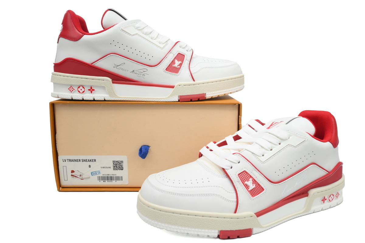 54 LV Louis Vuitton Trainer White Red