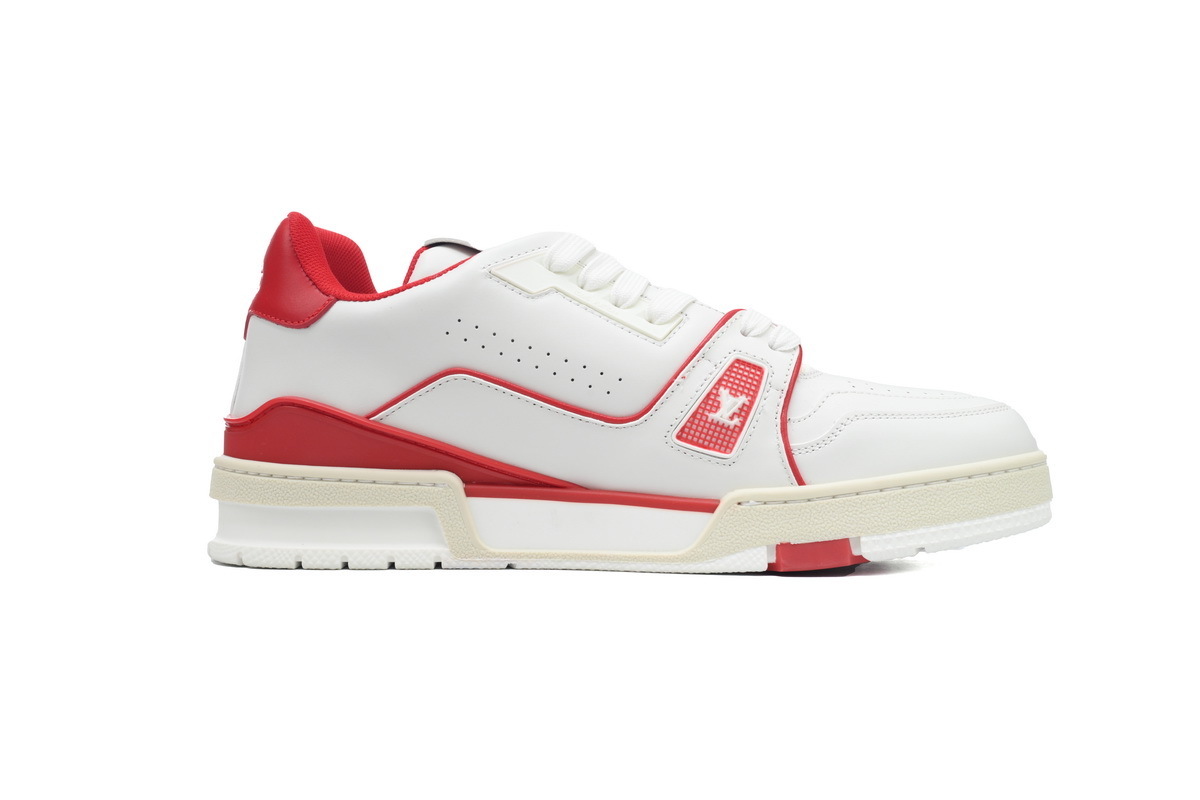 54 LV Louis Vuitton Trainer White Red