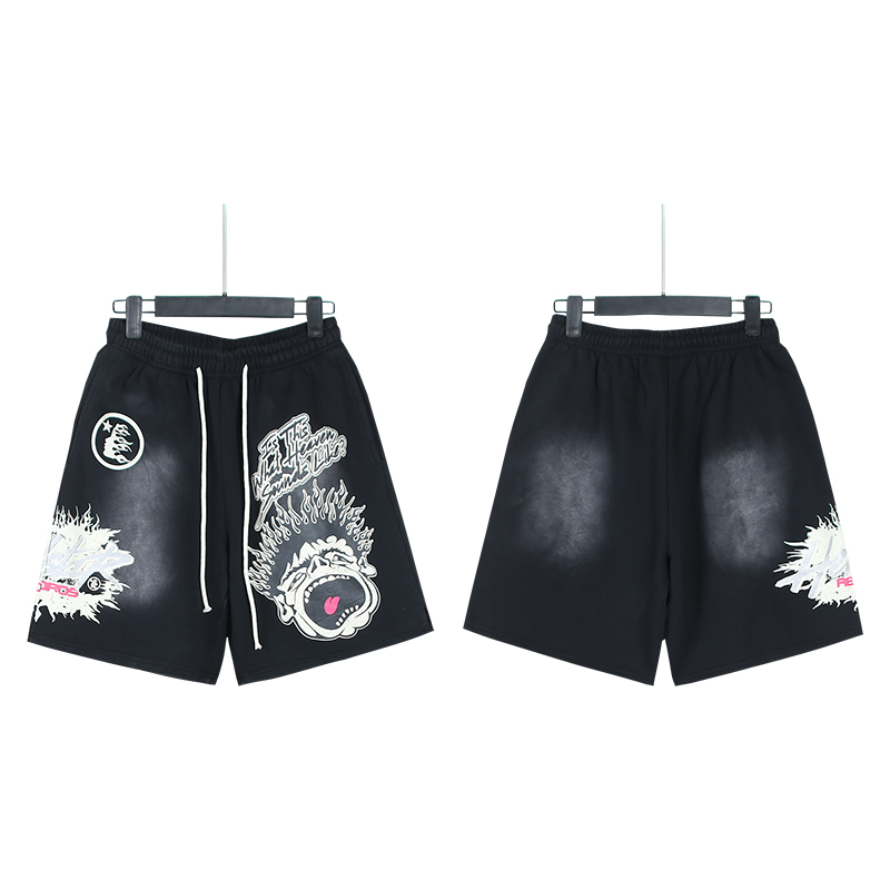 Hellstar Flame Graphic Shorts Black White Red