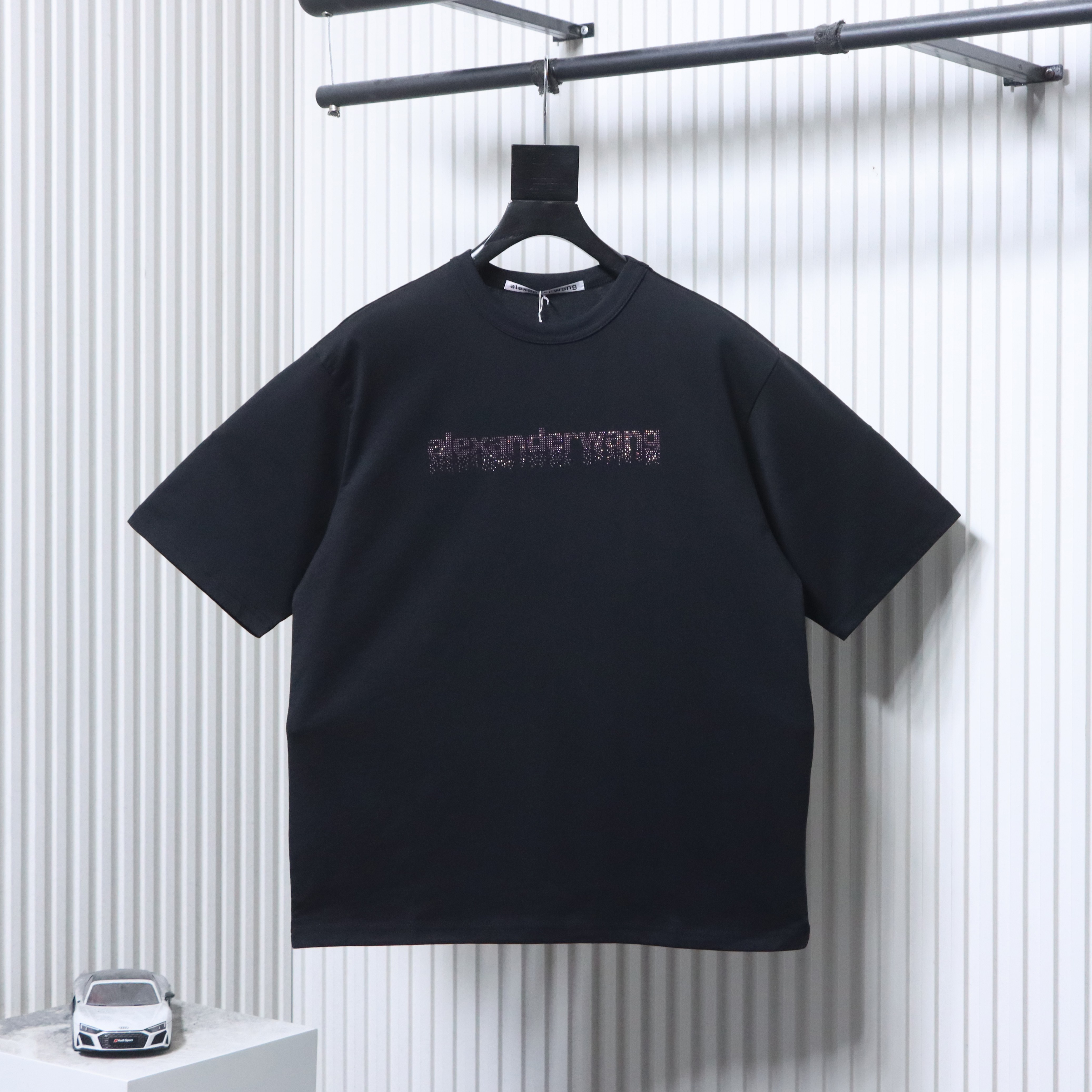 Alexander Wang 26SS Crystal Letter Black Short Sleeve T-Shirt