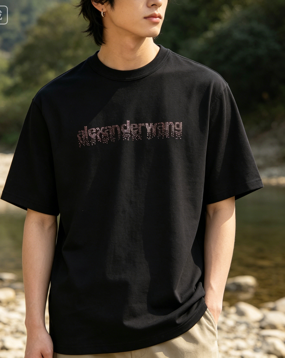 Alexander Wang 26SS Crystal Letter Black Short Sleeve T-Shirt