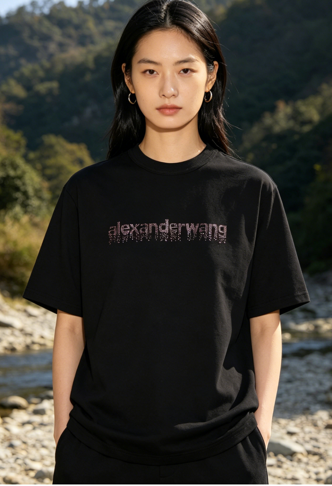 Alexander Wang 26SS Crystal Letter Black Short Sleeve T-Shirt