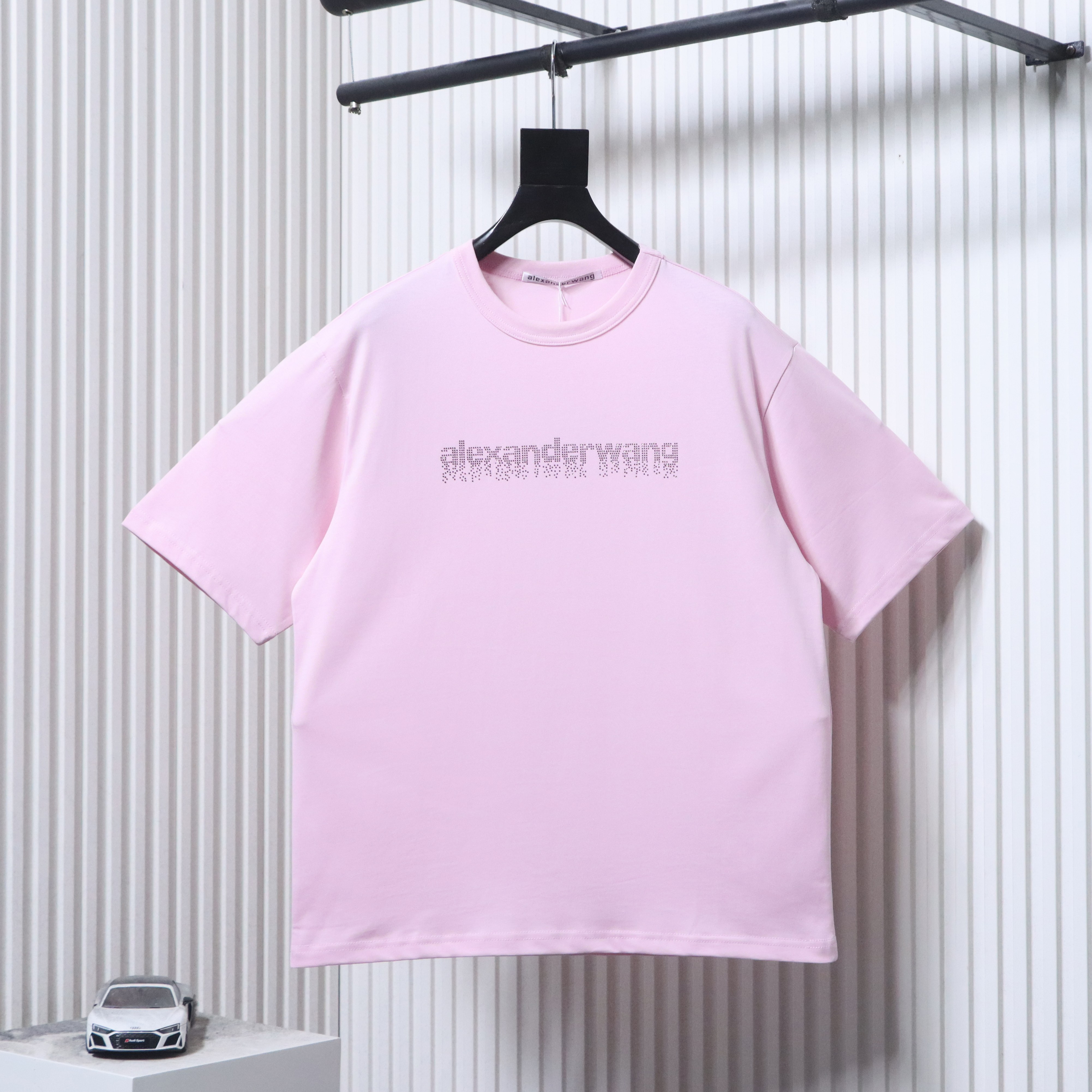 Alexander Wang 26SS Crystal Letter Pink Short Sleeve T-Shirt
