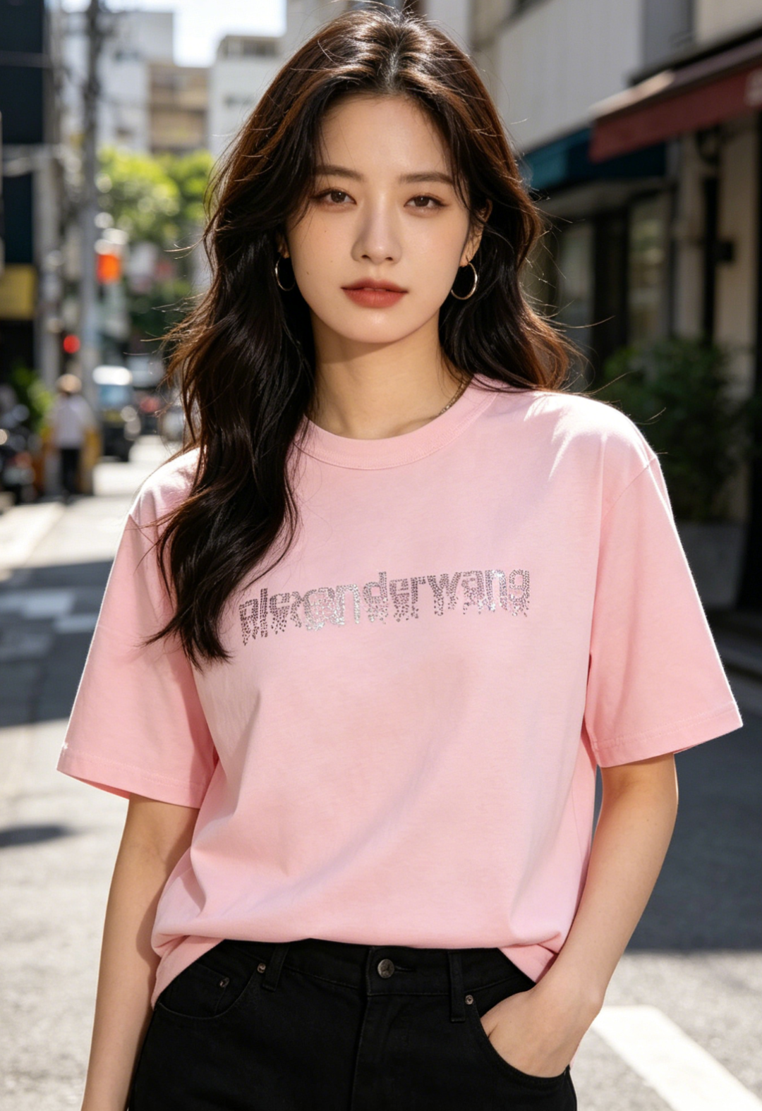 Alexander Wang 26SS Crystal Letter Pink Short Sleeve T-Shirt