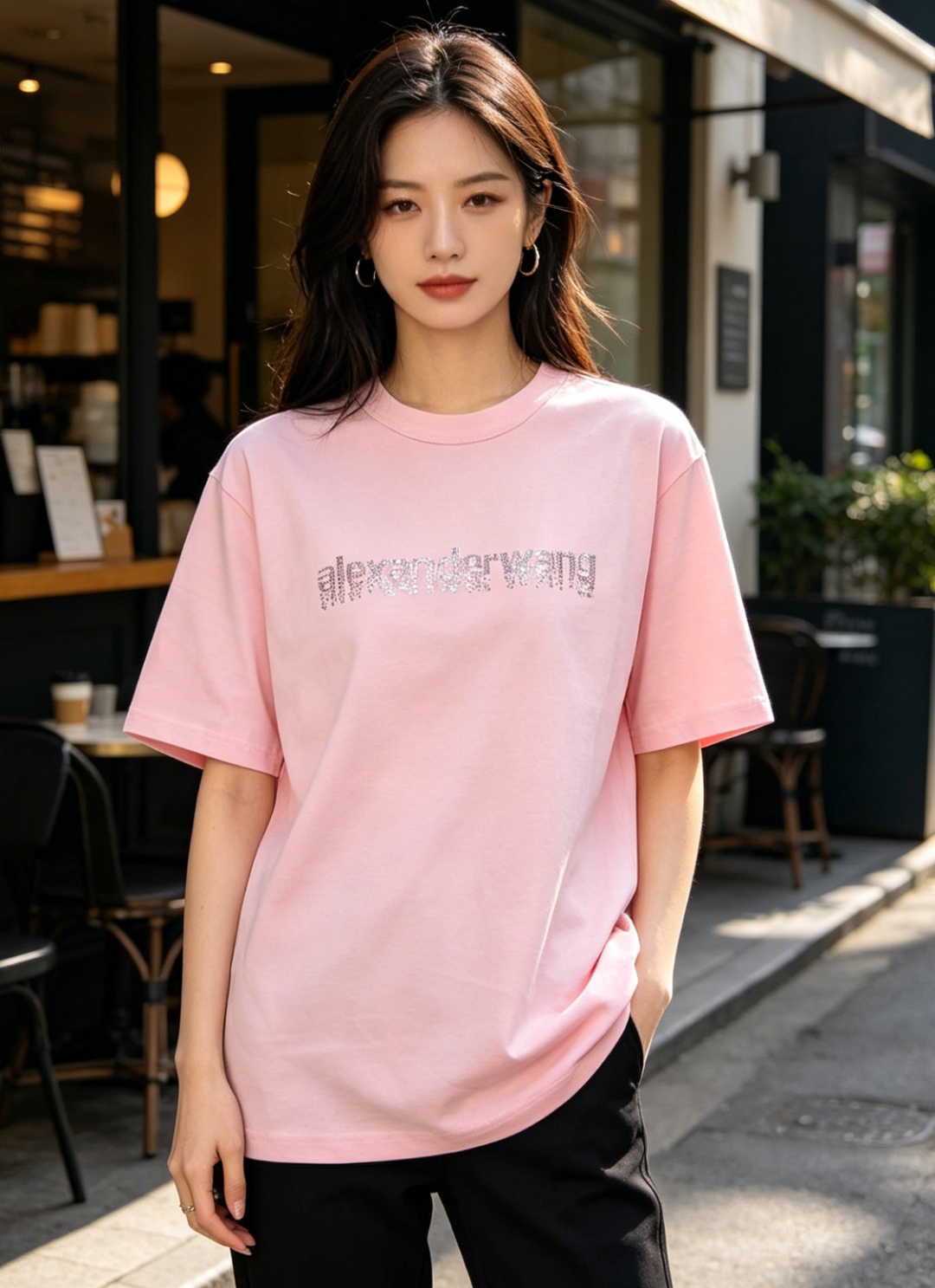 Alexander Wang 26SS Crystal Letter Pink Short Sleeve T-Shirt