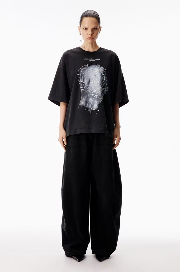Alexander Wang AW Logo Crystal Letter Human Head Graphic Print Short Sleeve T-Shirt