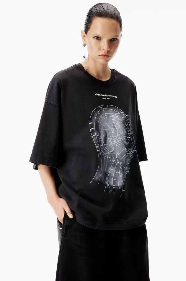 Alexander Wang AW Logo Crystal Letter Human Head Graphic Print Short Sleeve T-Shirt