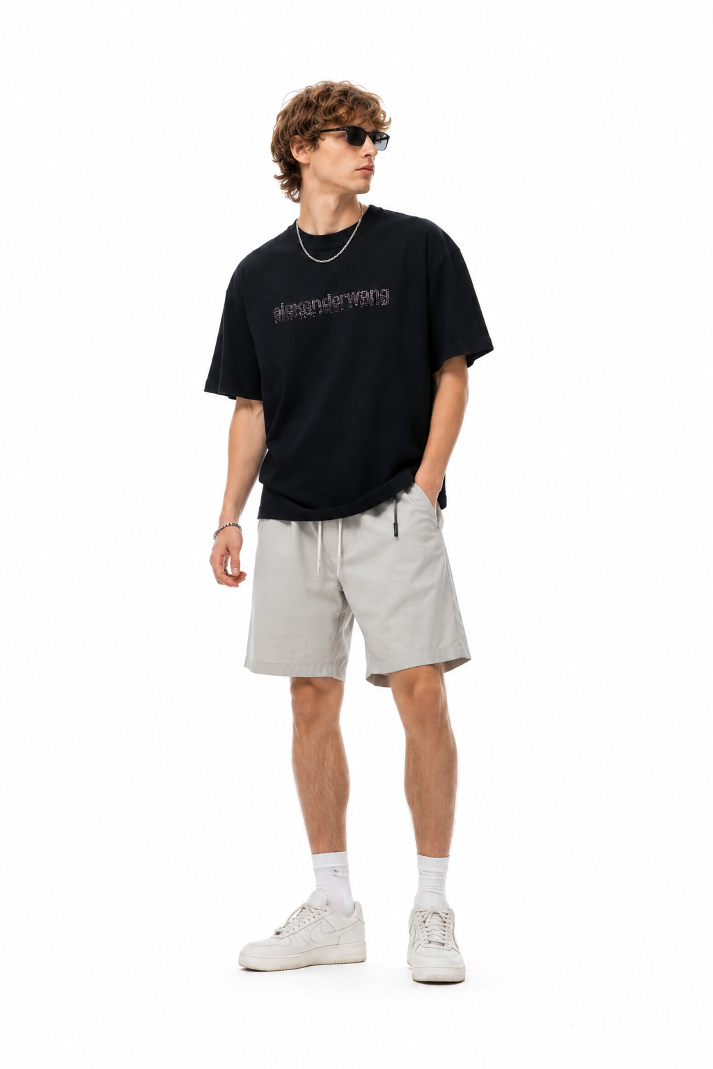 Alexander Wang 26SS Crystal Letter Black Short Sleeve T-Shirt