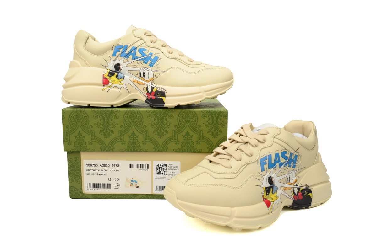 Disney x Gucci Rhyton Leather Donald Duck Print Round Toe Lace-up Sneaker