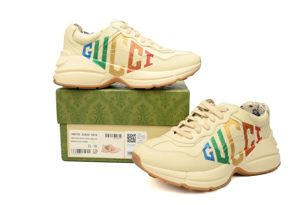 Double G Glitter Print Gucci Rhyton Leather Round Toe Lace-up Sneaker