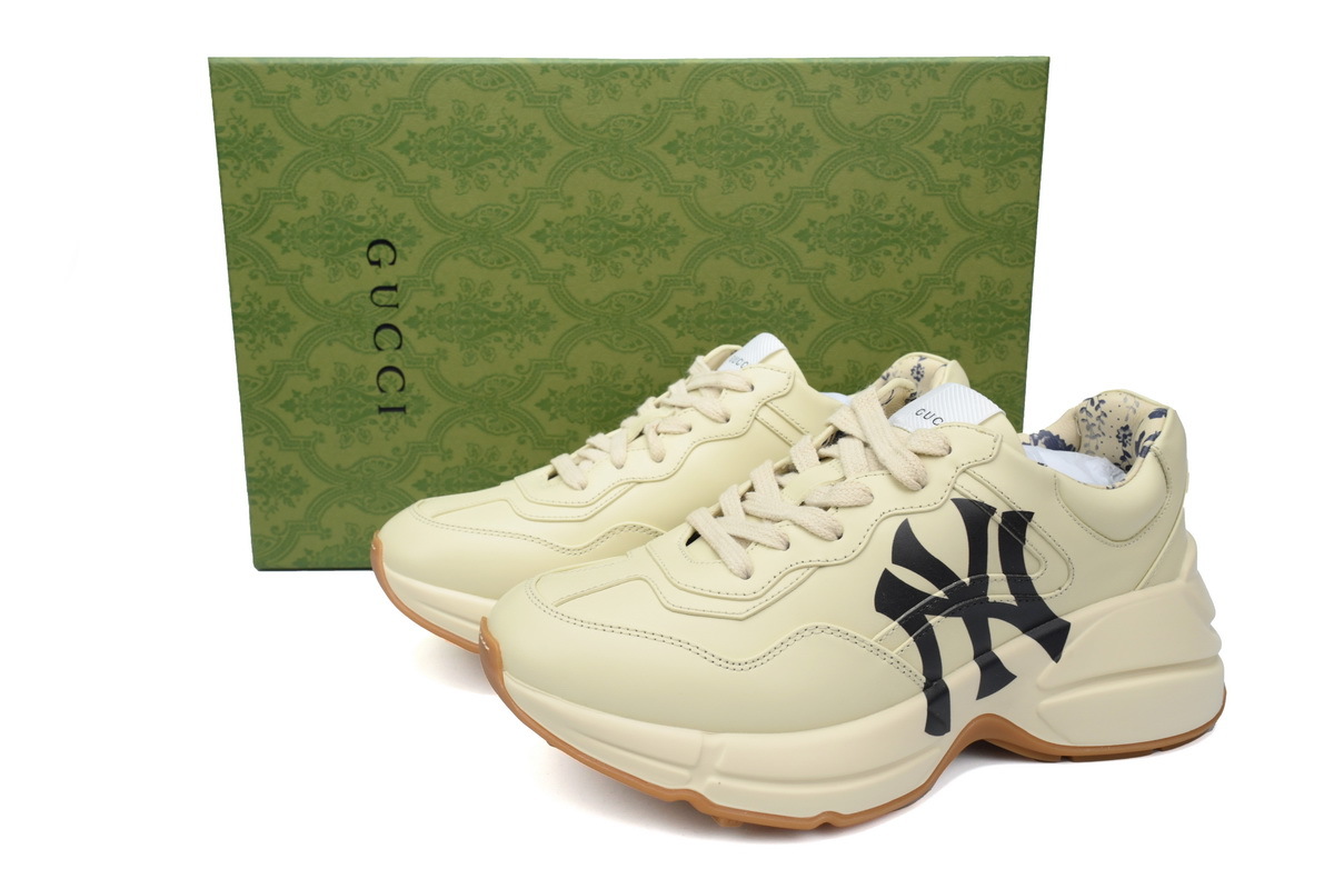 NY Beige Gucci Rhyton Leather Round Toe Lace-up Sneaker