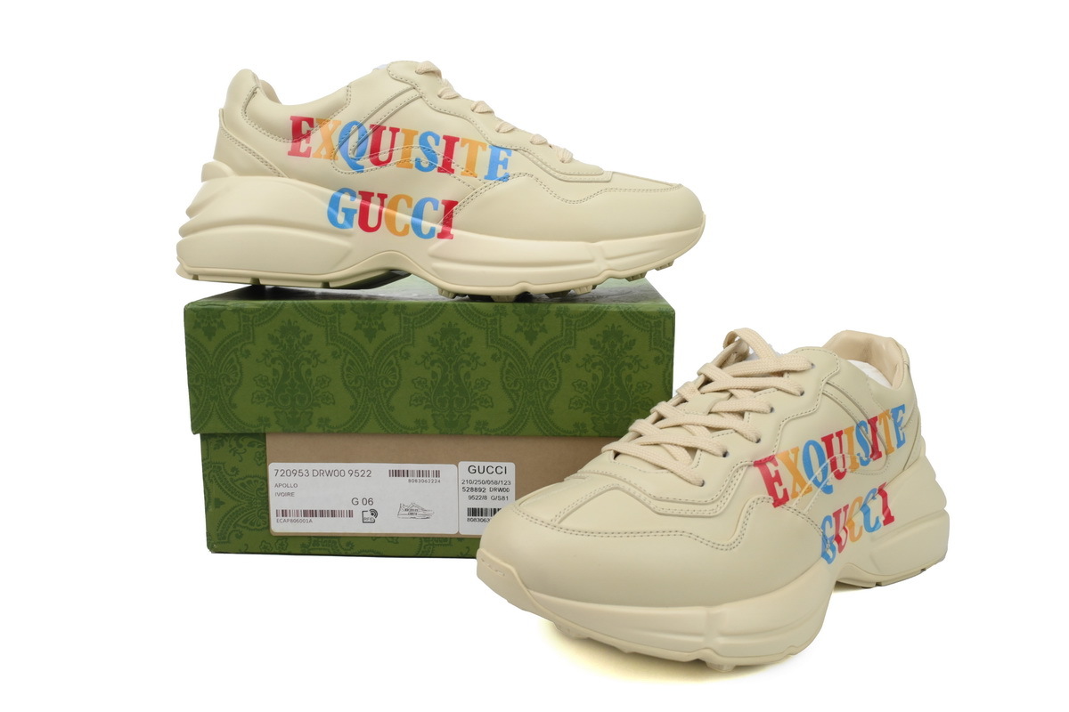 Printed Beige Gucci Rhyton Leather Round Toe Lace-up Sneaker