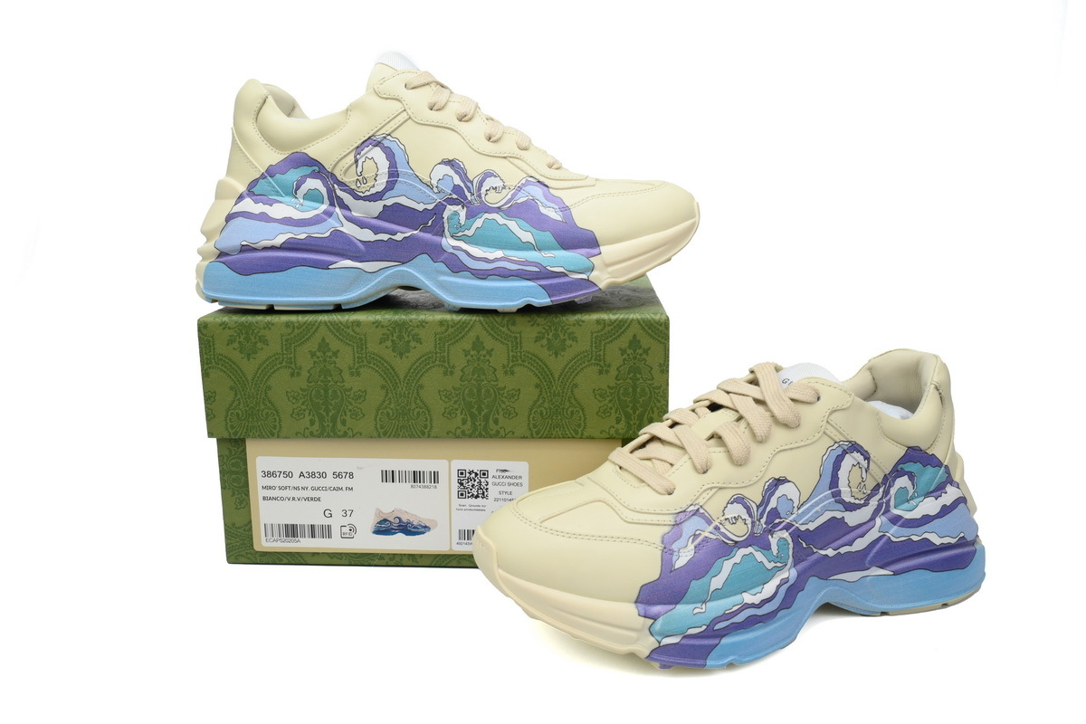 Printed Black Blue Gucci Rhyton Wavy Print Platform Round Toe Lace-up Sneaker