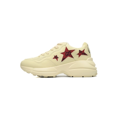 Red Star Beige Gucci Rhyton Leather Round Toe Lace-up Sneaker 01