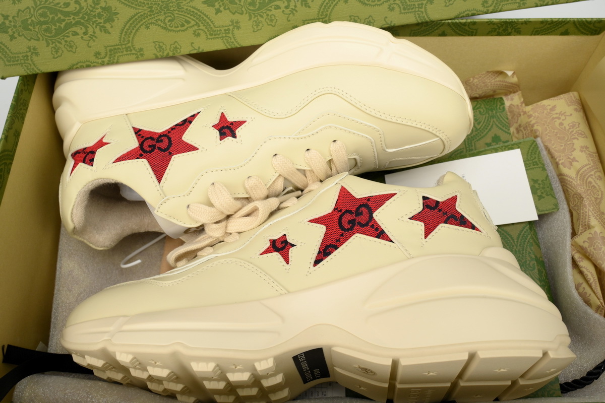 Red Star Beige Gucci Rhyton Leather Round Toe Lace-up Sneaker