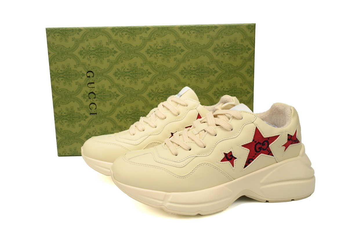 Red Star Beige Gucci Rhyton Leather Round Toe Lace-up Sneaker