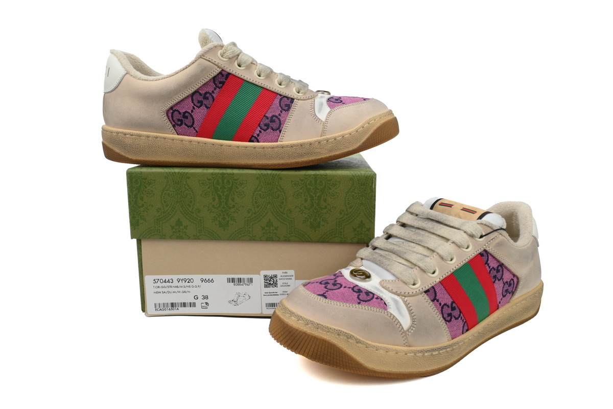 White Beige Pink Gucci Screener Low-top Lace-up Fashion Sneakers