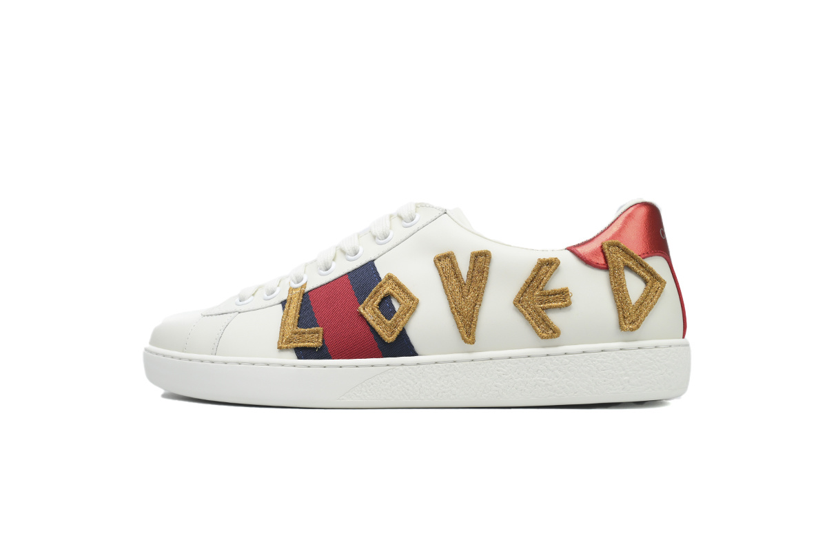 White Electric Embroidery GUCCI ACE E "LOVED" Embroidery Fashion Sneaker
