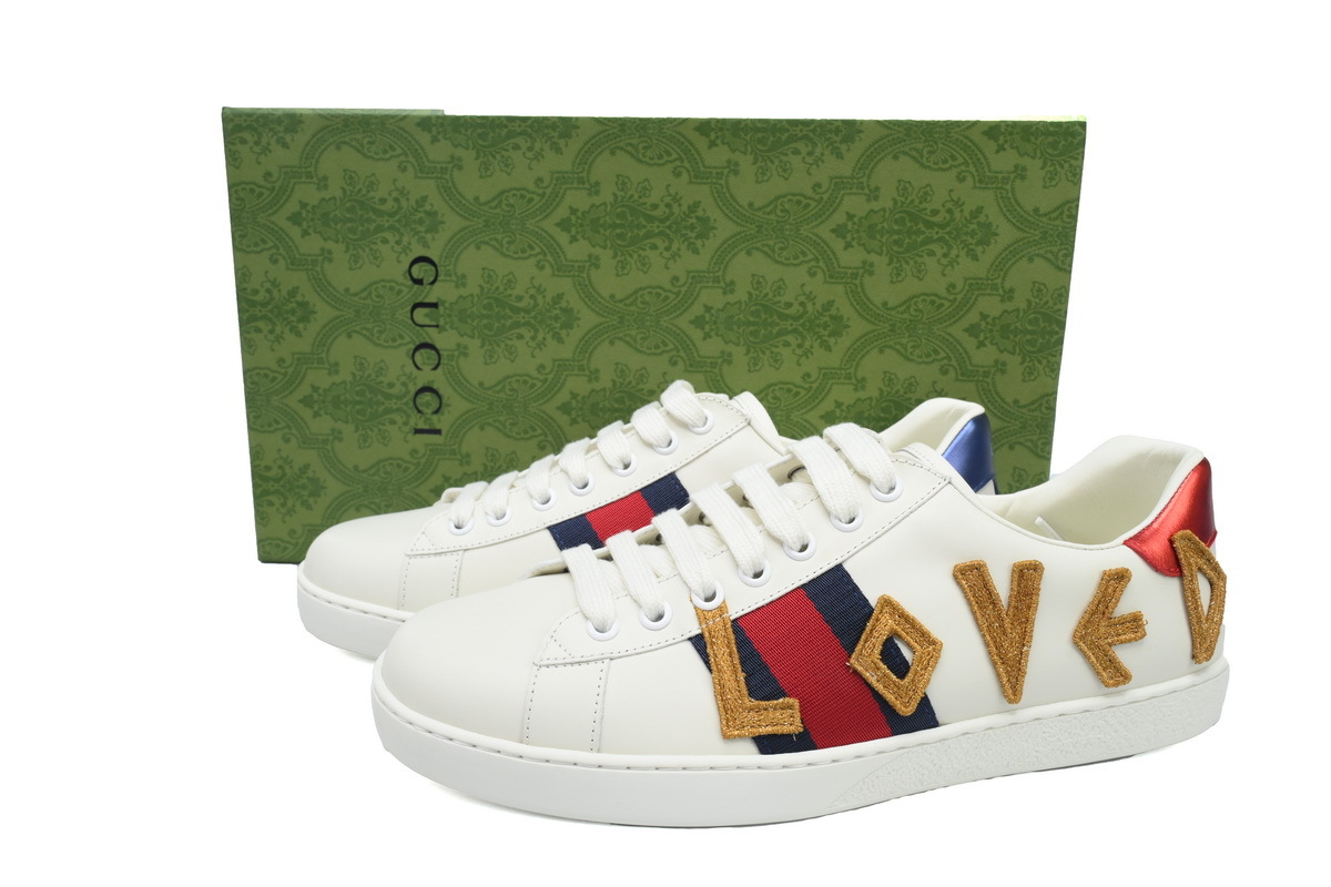 White Electric Embroidery GUCCI ACE E "LOVED" Embroidery Fashion Sneaker