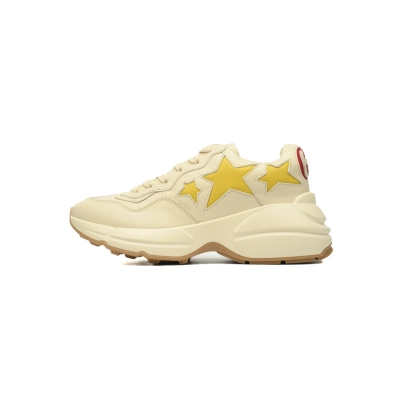 Yellow Star Beige Gucci Rhyton Leather Star Print Round Toe Lace-up Sneaker 01