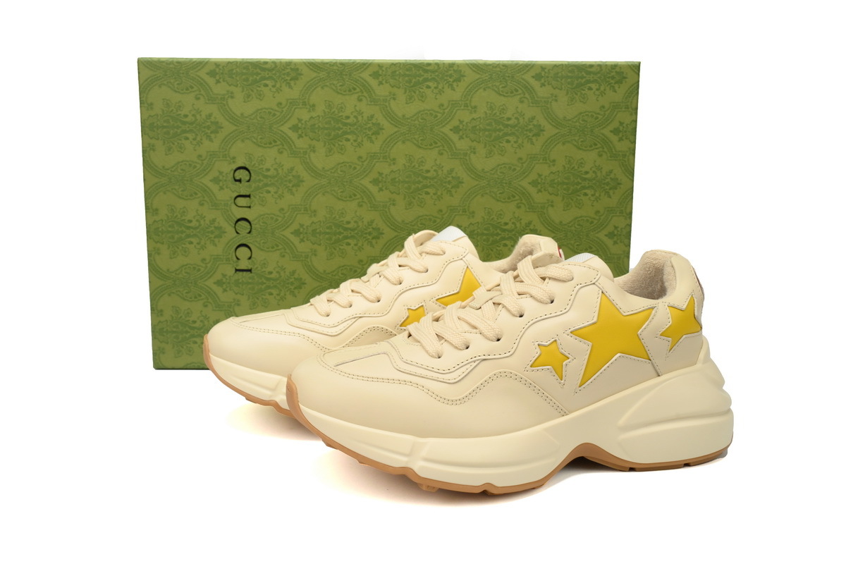 Yellow Star Beige Gucci Rhyton Leather Star Print Round Toe Lace-up Sneaker