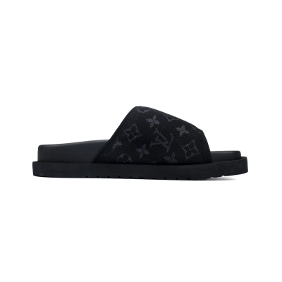  Black Denim Fabric LOUIS VUITTON Miami Velcro Pool Slides 02