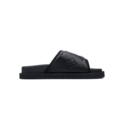  Black Embossed LOUIS VUITTON Miami Velcro Pool Slides 02