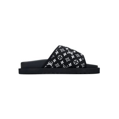  Flocked Black LOUIS VUITTON Miami Velcro Pool Slides 02