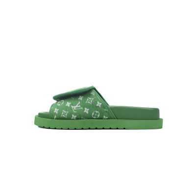  Flocked Green LOUIS VUITTON Miami Velcro Pool Slides 01