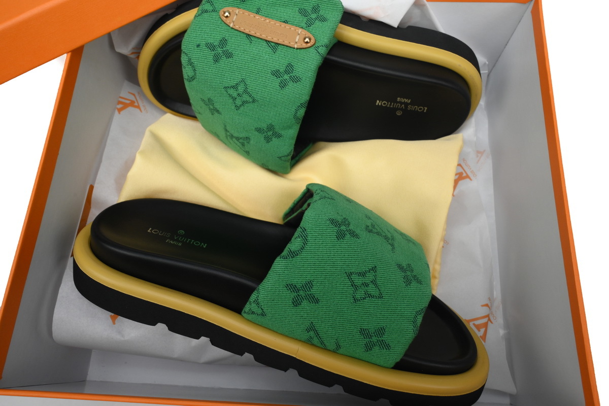  Green Denim Yellow Label LOUIS VUITTON Velcro Pool Slides Pool Pillow