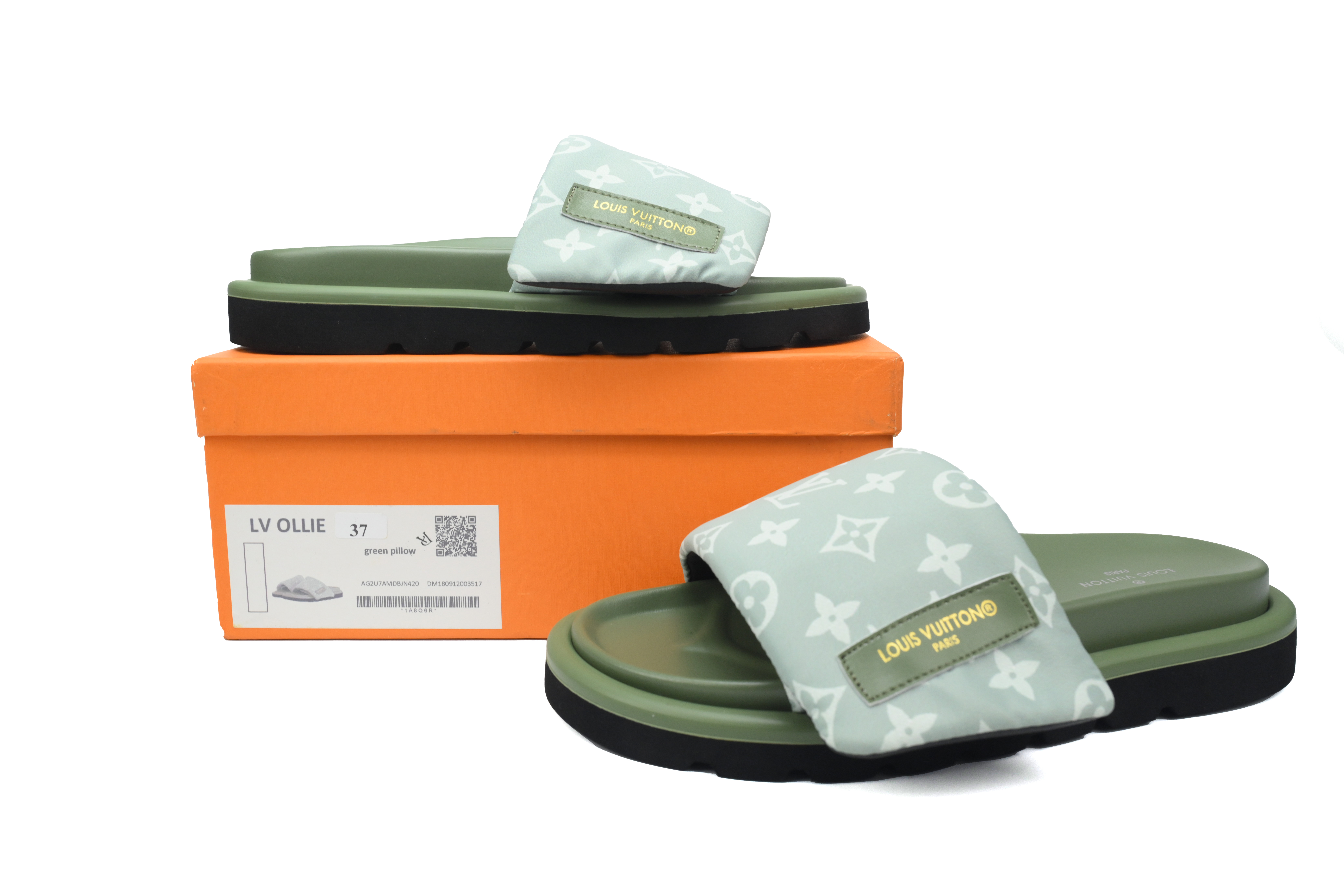  Light Green Denim Green Label LOUIS VUITTON Velcro Pool Slides Pool Pillow Comfort